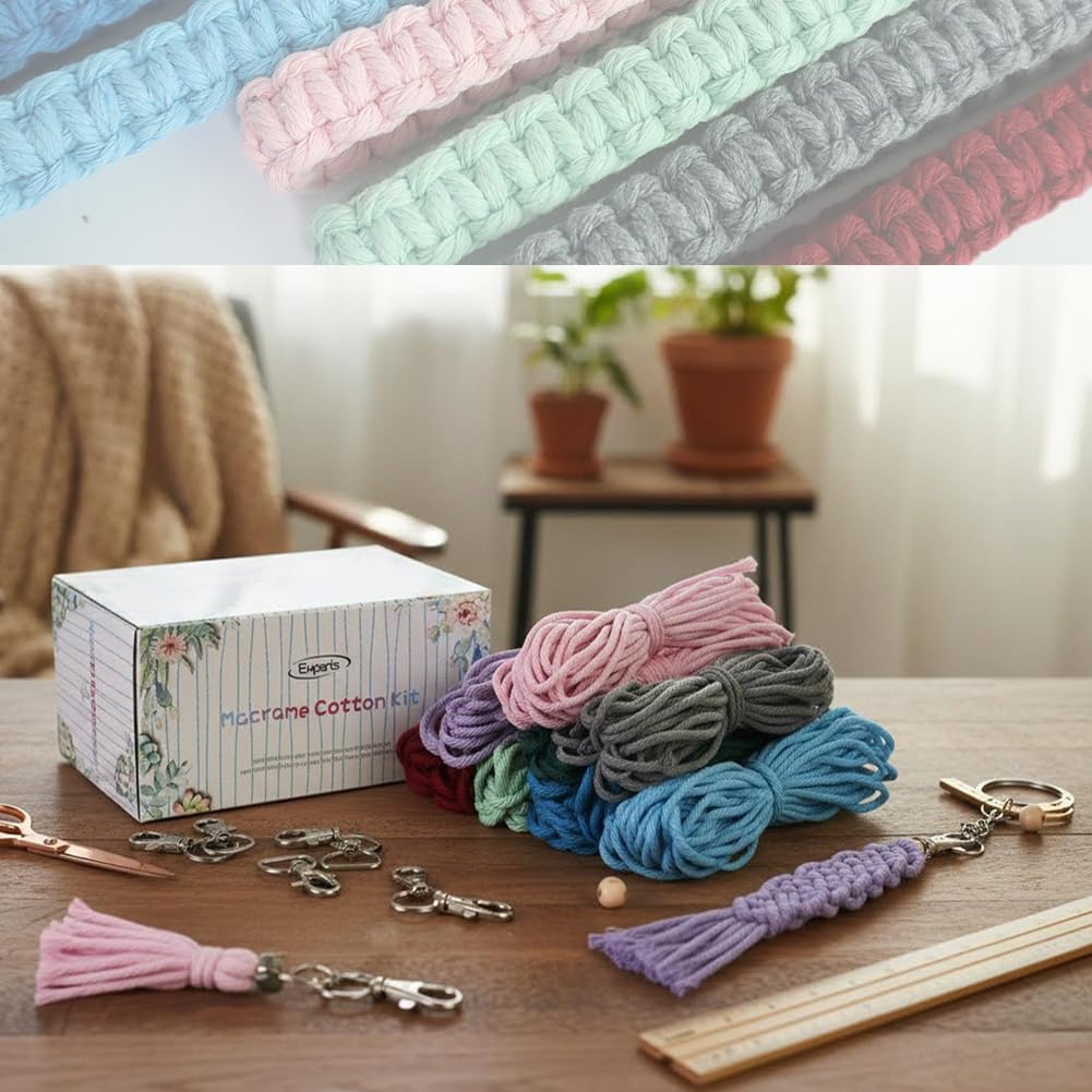 Adult DIY Craft Keychain Making Kit Boho Macrame Keychain Kit Includes Key Rings Precut Macrame Cord Instructions to Make Cute Keychains and Lanyards Kids Crafts Projects Kits Macrame Beginners