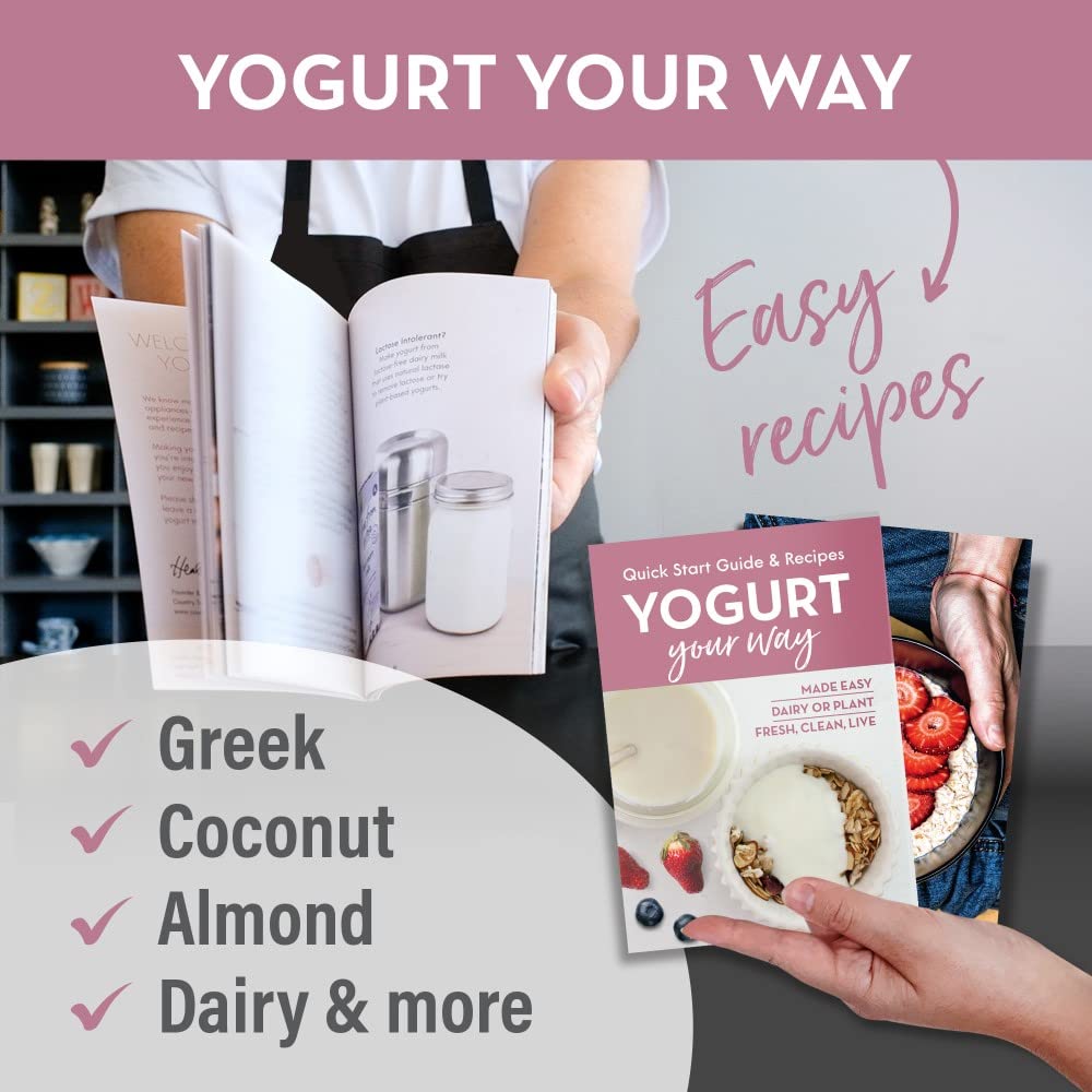 Stainless Steel Yogurt Maker with 1 Quart Glass Jar and Complete Recipe Book to Make 12+ Easy Homemade Dairy Free and Milk Yogurts