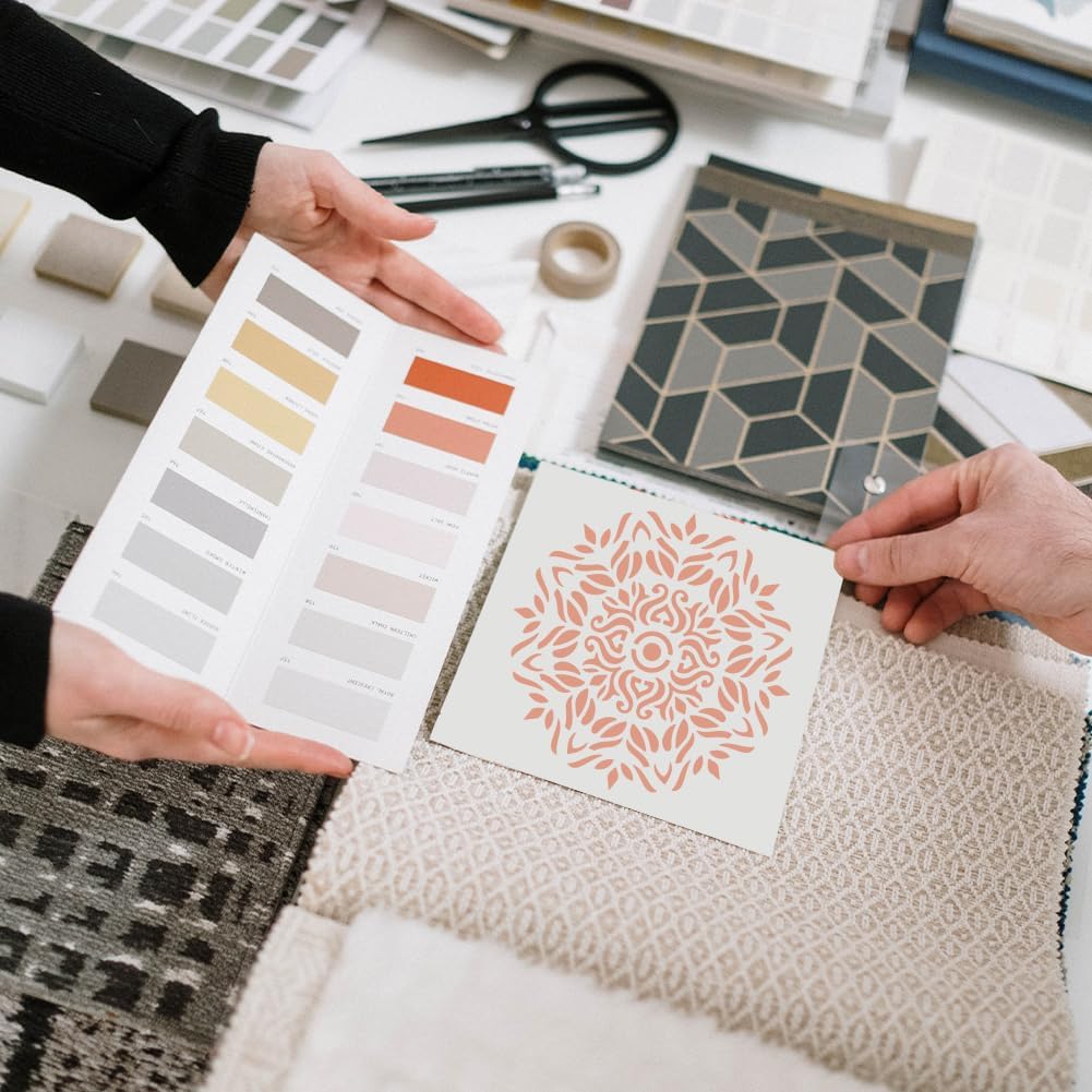 MAYJOYDIY 9pcs Mandala Stencil 7.8×7.8inch 18 Types Vintage Mandala Patterns with Paint Brush Square Reusable Furniture Stencils for DIY Mandala Art Craft Wood Floor Wall Tile Fabric