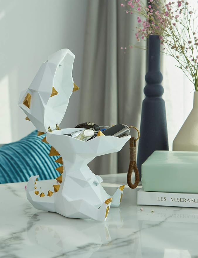 HAUCOZE Dinosaur Statue Candy Dish Key Bowl Dino Gifts Sculpture Modern Home Decor Accessories Pop Arts Polyresin Cookie Jar White 7.5 inch