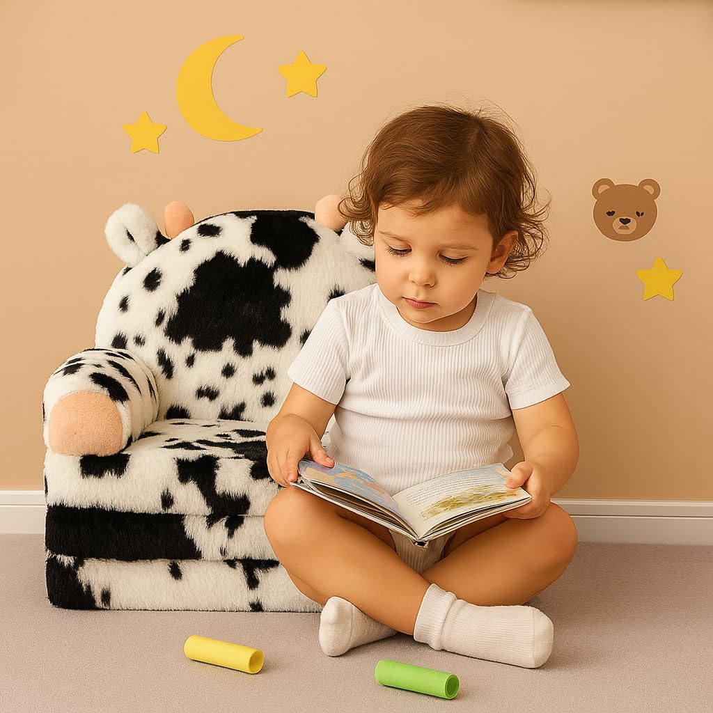 Toddler Chair with Faux Rabbit Fur – 2-in-1 Foldable Kids Couch, Soft Sofa for Reading, Napping, Bedroom or Playroom Use, 18 Months+ (Cow)