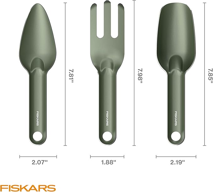 Fiskars 3‑Piece Cultivating Tool Set, Stainless Steel Trowel, Scoop & Cultivator with Space‑Saving Nesting Design
