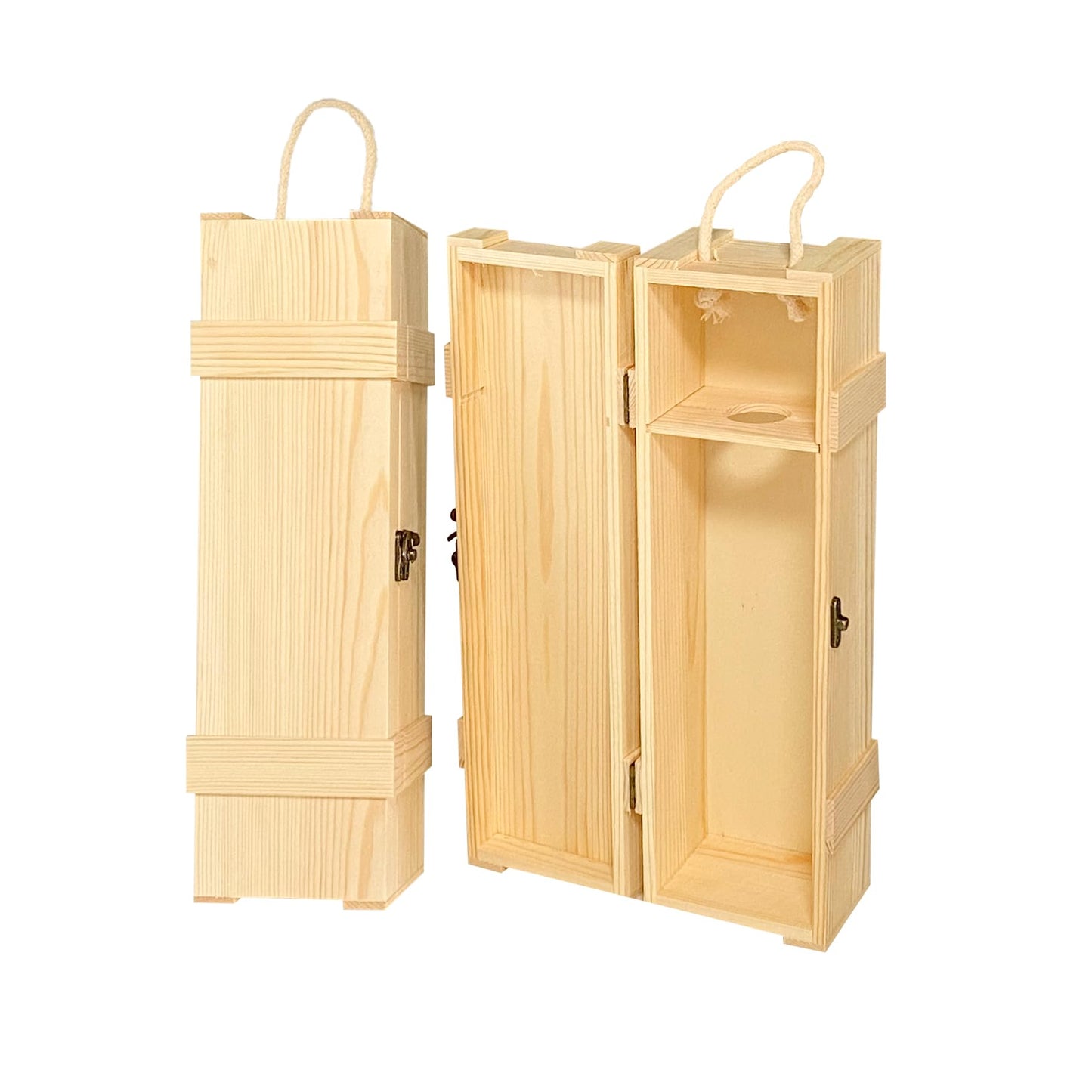 Cregugua 2 Pack Wooden Wine Box for Single Bottle Unfinished Wood Nautical box for Wine Natural Wood Case with Twine Handle for Crafts Gifts