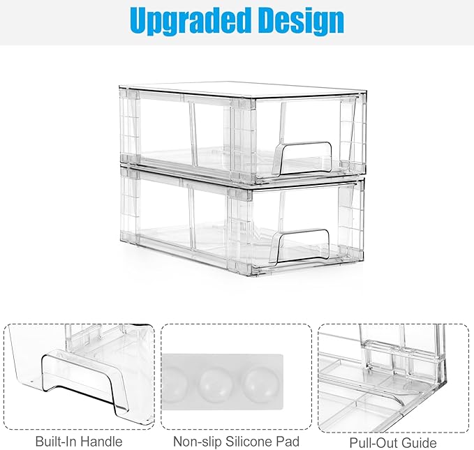 4 Pack Stackable Storage Drawers,Plastic Organizers Bins, Drawers Storage with Handles and Movable Dividers for Organization and Storage in Fridge,Dressers, Pantry, Kitchen Cabinets, Under Sink