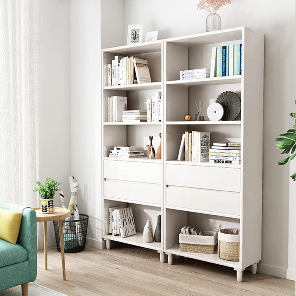 IOTXY White Mid-Century Bookcase with Legs - 67" Tall Open Shelves Cube Billy Bookshelf with Double Drawers for Home and Office