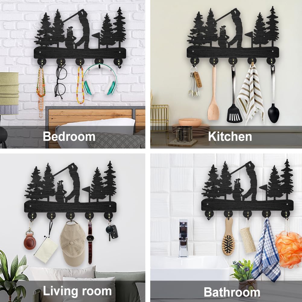 MAYJOYDIY Golf Coat Racks Wall Mounted Wood Golf Clubs Tree Key Hangers for Wall 11.8×7.9inch Black Key Holder 5 Alloy Hooks Home Decor Gifts Entryway Kitchen Bathroom Storage Organizer