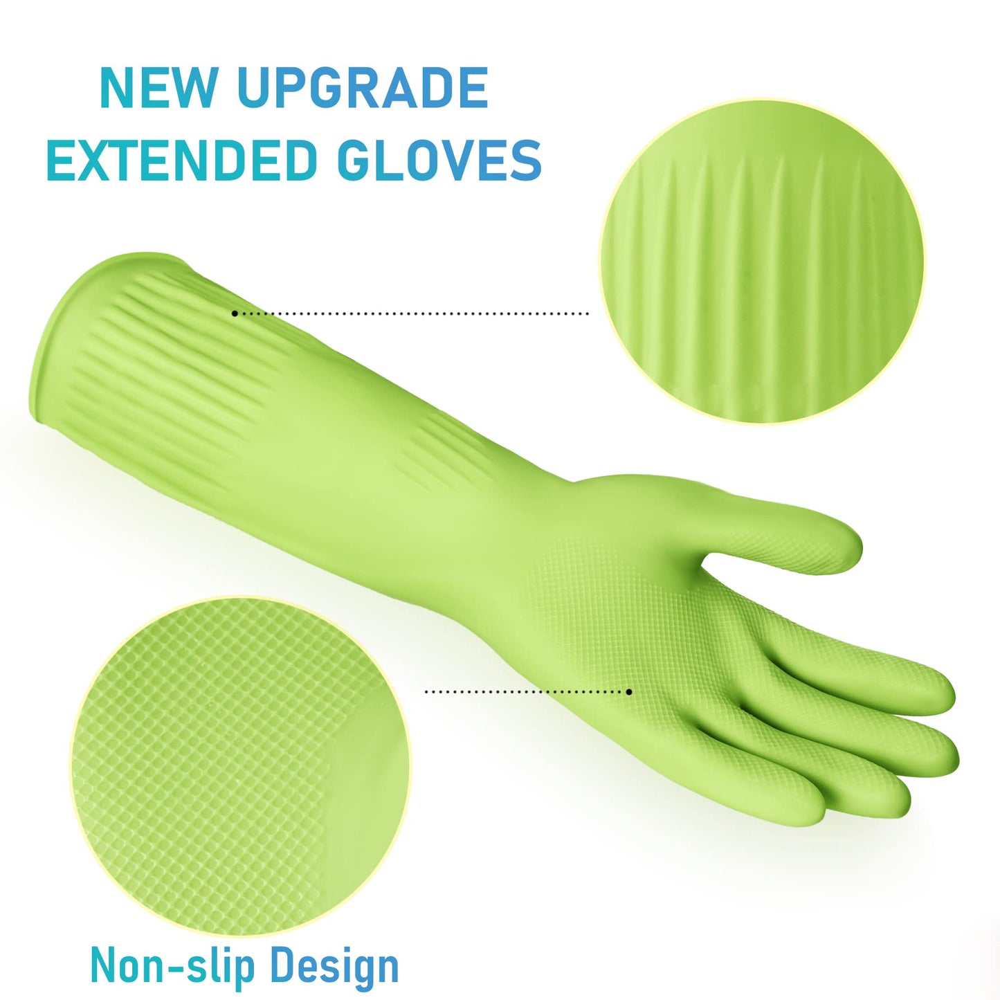 Disfore Rubber-Gloves Dishwashing Gloves for Cleaning-Kitchen - 2 Pairs of Durable and Reusable Kitchen Glove,Long Sleeve Waterproof Household Cleaning Gloves for Washing Dishes (Medium Green)