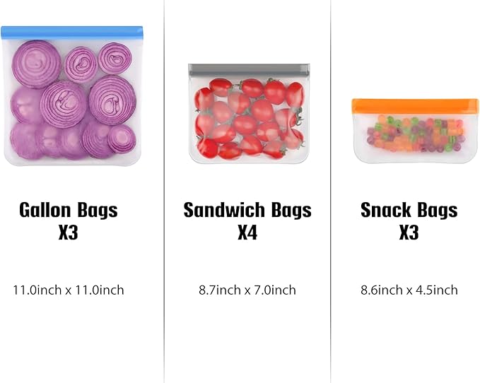 Lerine 14 Pack Dishwasher Safe Reusable Bags, Leakproof Reusable Freezer Bags, BPA Free Food Storage Bags for Lunch Marinate Food Travel (Multicolor, 4 Gallon 6 Sandwich 4 Snack)
