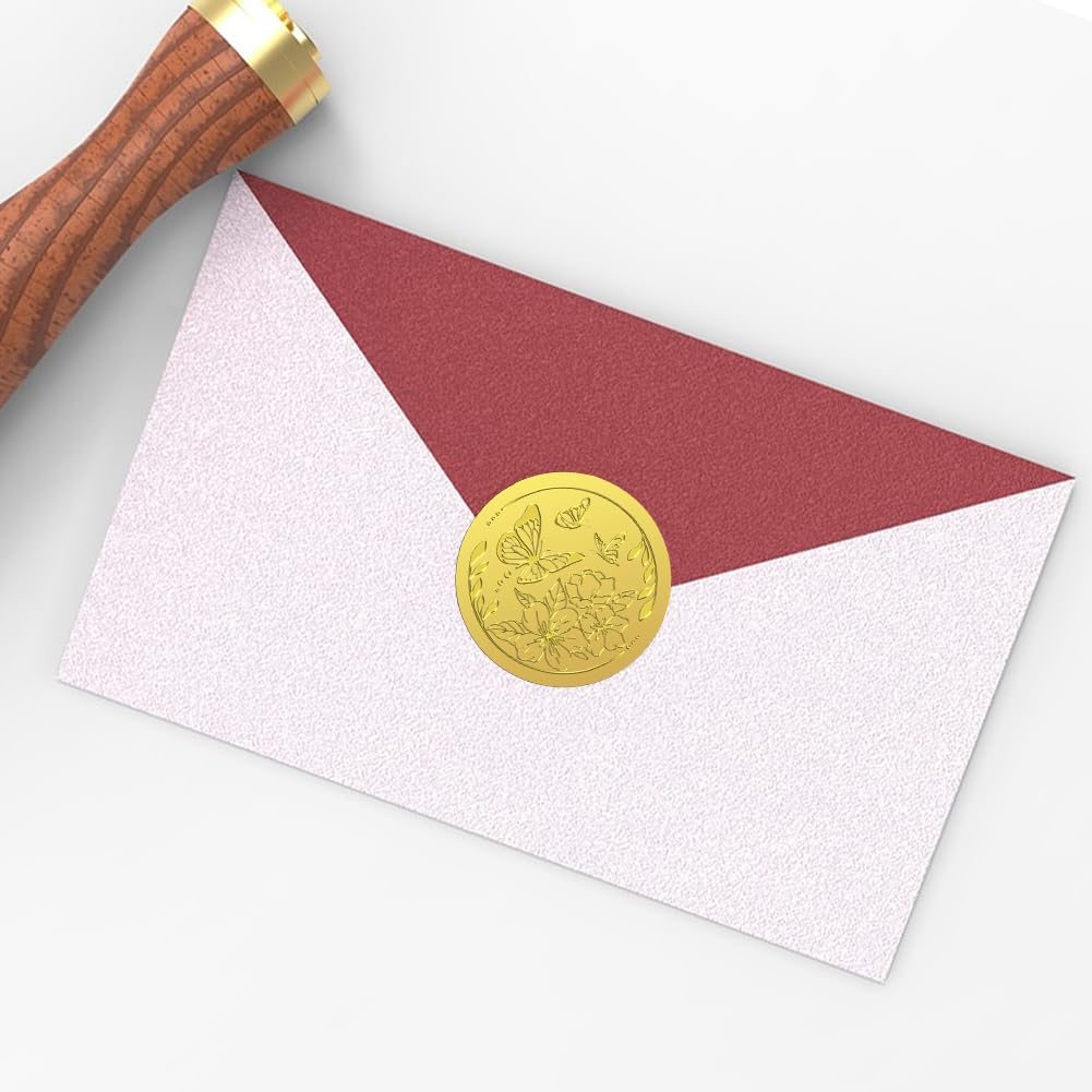 Peacoblue Gold Foil Sticker Seal Embossed 2 Inch 100Pcs Flowers and Butterflies, Self Adhesive Gold Around Embossing Sticker for Invitation Certificate Envelope Seal Gift Card Decoration