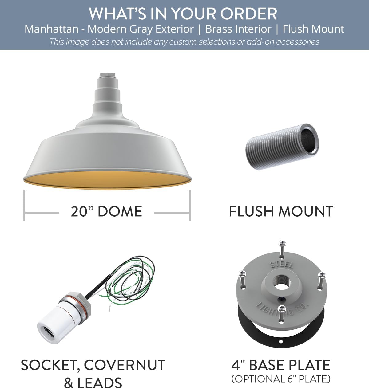 Steel Lighting Co. Manhattan Warehouse Light | Ceiling Mounted Pendant | 20 inch Dome | Flush Mount | Large Steel Barn Light Made in America | Modern Gray Exterior/Brass Interior