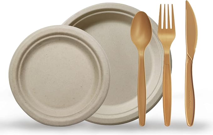 PAMI 250-Piece Compostable Degradable Tableware Eco Set Disposable Sugarcane Plates, Cutlery & Cups Heavy-Duty Eco Dinnerware
