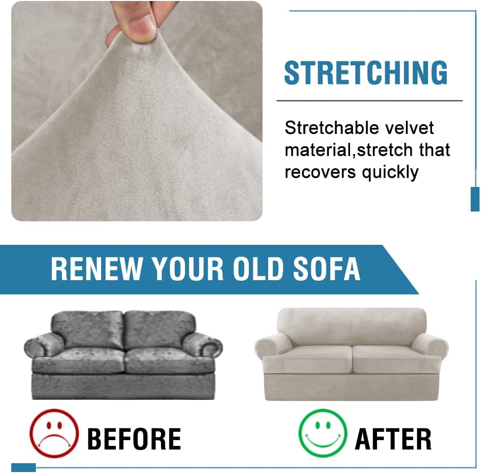 H.VERSAILTEX Sofa Cover 3 Piece T Cushion Sofa Slipcovers Thick Velvet Couch Cover Stretch T Cushion Sofa Covers for 2 Cushion Couch with 2 Individual T Cushion Covers Washable, Oatmeal