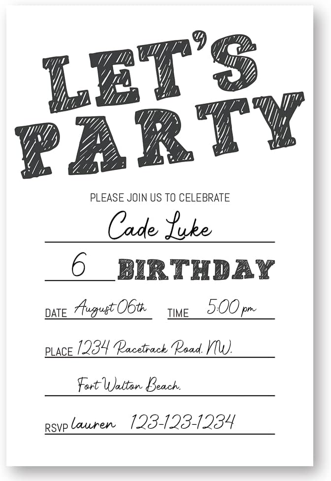 Simple Black and White Birthday Invitations, Birthday Invitations for Boys Teens Kids Girls, Birthday Invitations, Birthday Party Invitations. (Let's Party(020))