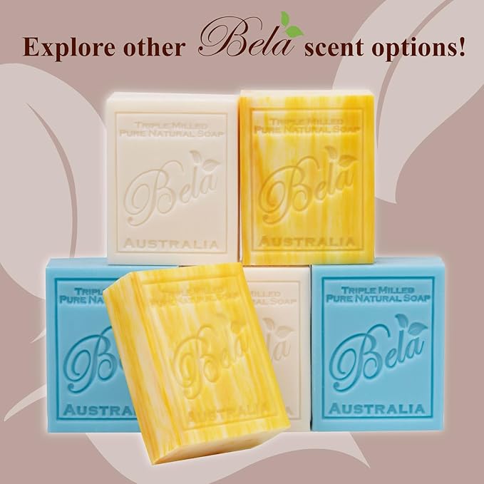 BELA Almond Soap 3.3 oz Pack of 6, French Triple Milled with Organic Shea Butter, Hand Face and Body Wash Bar Made in Australia