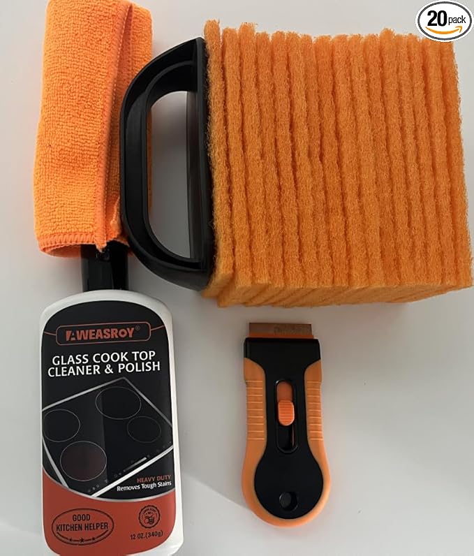 20pcs Glass Stove Top Cleaner Kit - 12 oz Cooktop Cleaner Polish, Non-Abrasive No Scratch, Removes Tough Stains, Includes Scrubbing Pad, Scraper & Microfiber Cloth for Smooth Glass Surfaces
