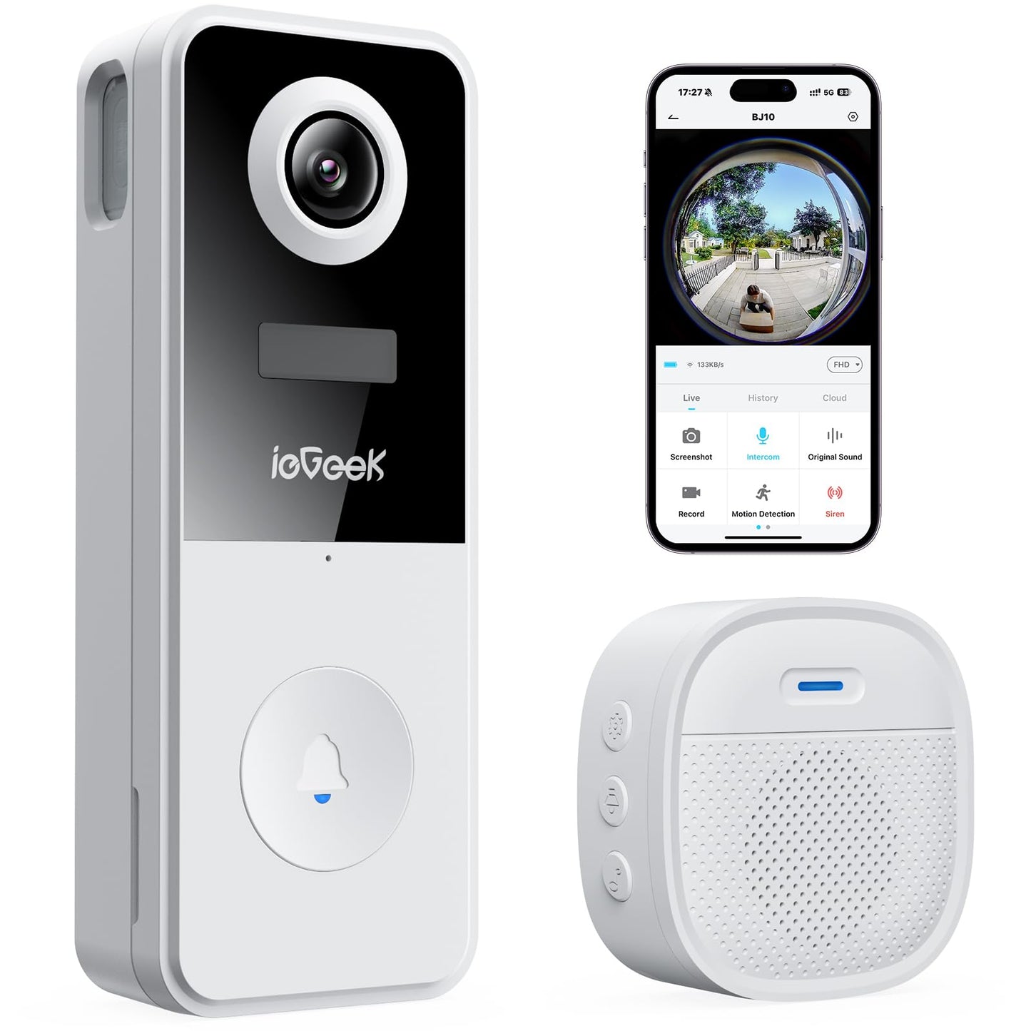 ieGeek Doorbell Camera Wireless No Subscription, 3MP Video Doorbell with Chime, 180 Head to Toe View, 2-Way Talk Voice Changer,