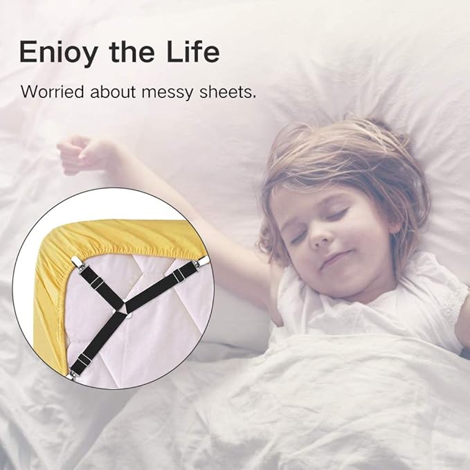 Foloda Sheet Holders, 4 pcs Adjustable Bed Sheet Straps, Fitted Sheet Holder Clips Fasteners Suspenders Gripper Locker Scrunchie for Bed Mattress Corners, Keep Sheet Firm Tight