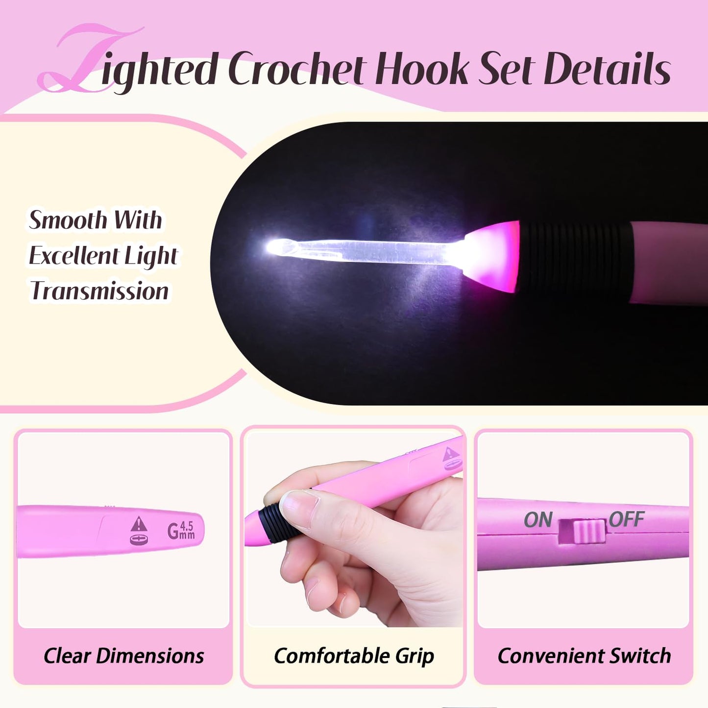 Yarniss Led Light Crochet Hooks Set with Case,9 Size Light Up Crochet Hooks 2.5mm~6.5mm Include Battery,Ergonomic Glow in Dark Handles