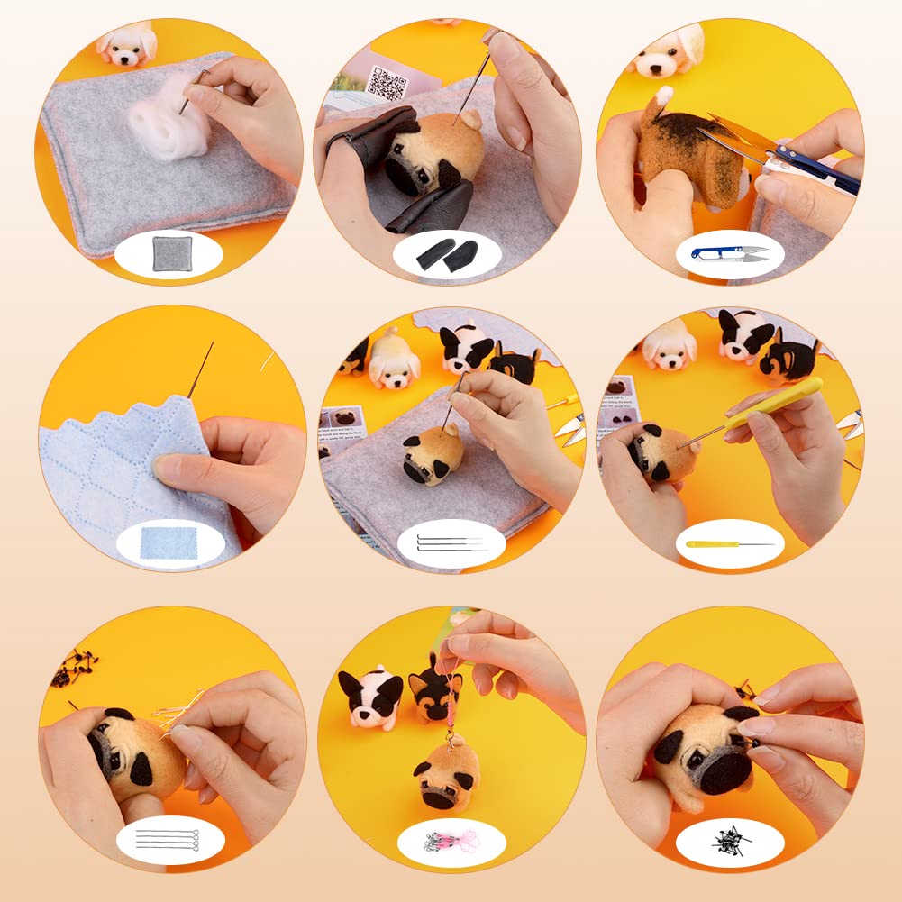 Needle Felt Starter Kit, 6 Pieces Dog Wool Needle Felting Kit, Needles Felting Supplies with Instruction,Felting Foam Mat, Wool Felting Kit for DIY Craft Animal Home Decoration
