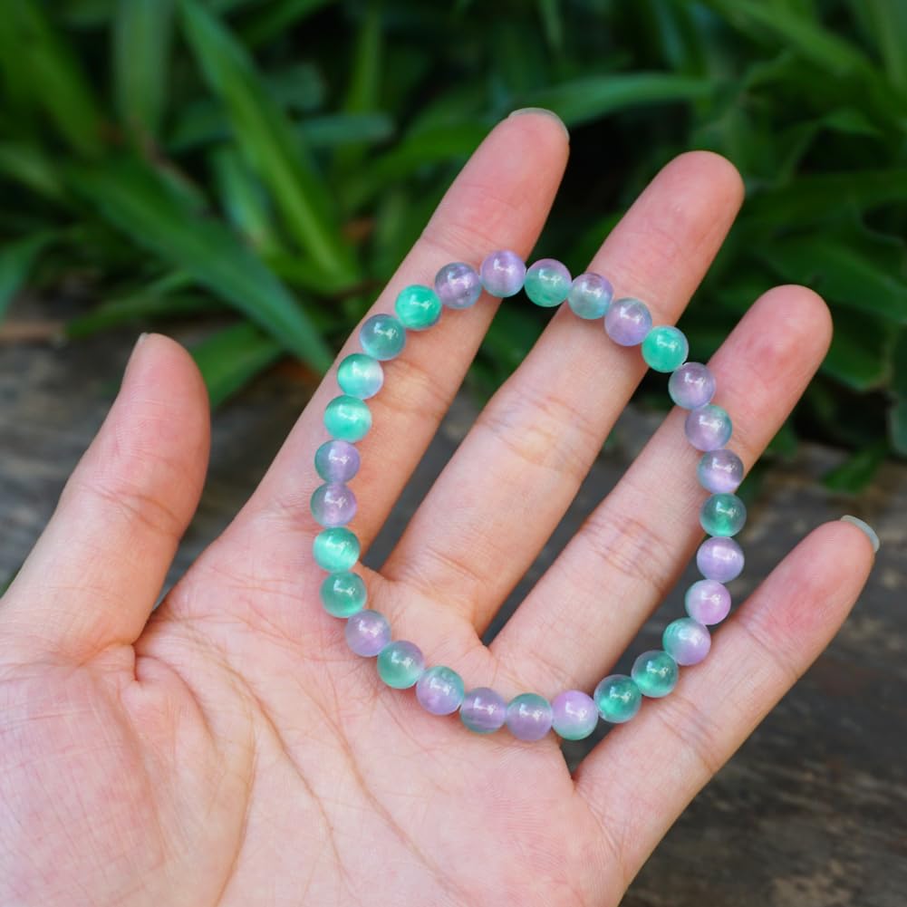 6mm Rainbow Selenite Bracelet - Iridescent Natural Crystal | Handmade Meditation Bracelet with Cat-Eye Effect | Come with Beading Tool Kit - Adjustable to 6.5-7.5 inches Wrist Size