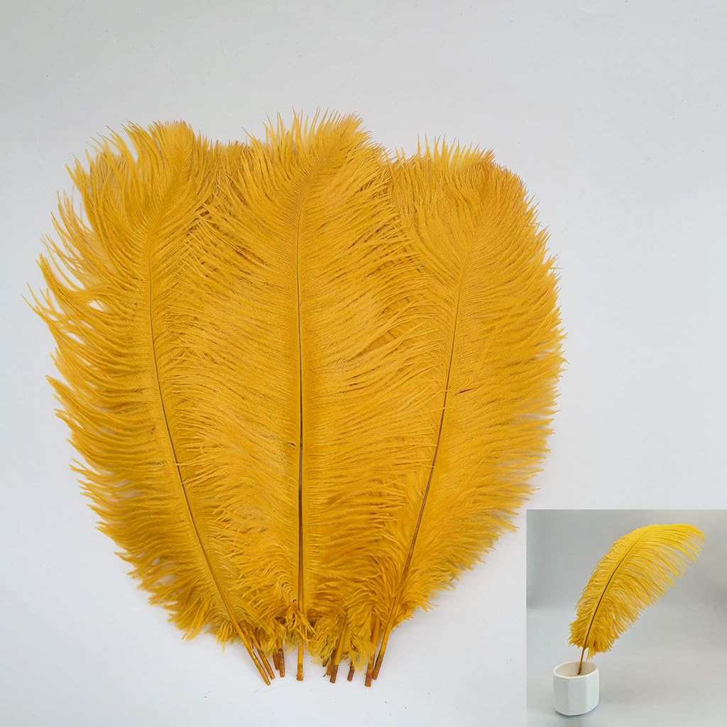 LONDGEN 10pcs Natural Ostrich Feathers Plumes 14-16inch(35-40cm) for Craft Flower Arrangement ,Wedding Decoration and Halloween Party (Golden Yellow)