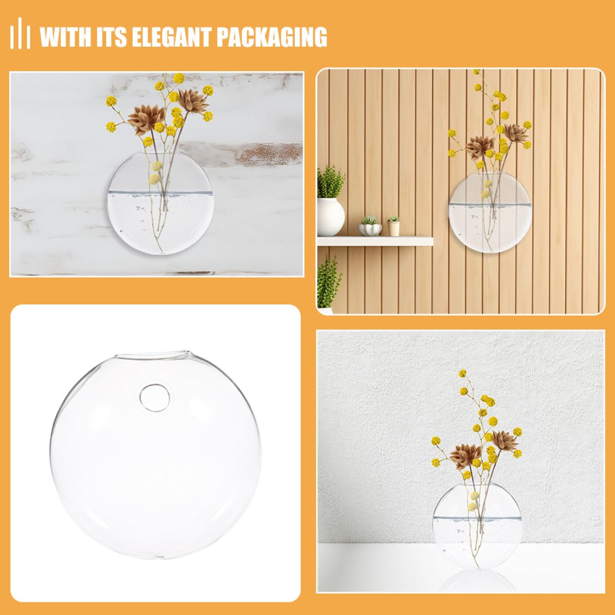 Uonlytech 2pcs Wall-Mounted Glass Hydroponic Vase Set for Indoor Plants Flat Glass Flower Vases with Hanging Holder Decorative Terrariums for Home Garden