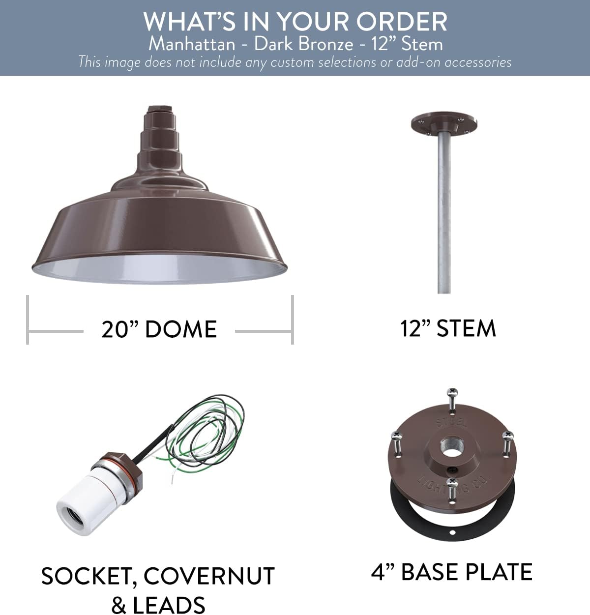 Steel Lighting Co. Manhattan Warehouse Light | Ceiling Mounted Pendant | 20 inch Dome | 12 inch Stem | Large Steel Barn Light Made in America | Dark Bronze Exterior/White Interior