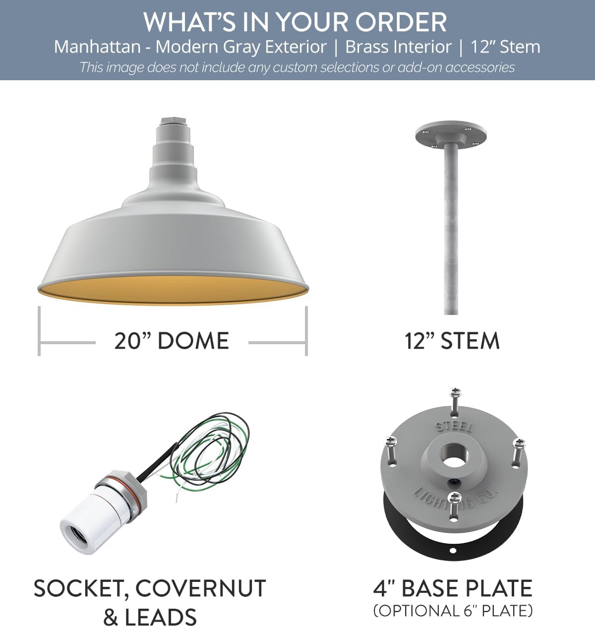 Steel Lighting Co. Manhattan Warehouse Light | Ceiling Mounted Pendant | 20 inch Dome | 12" Galvanized Stem | Large Steel Barn Light Made in America | Modern Gray Exterior/Brass Interior