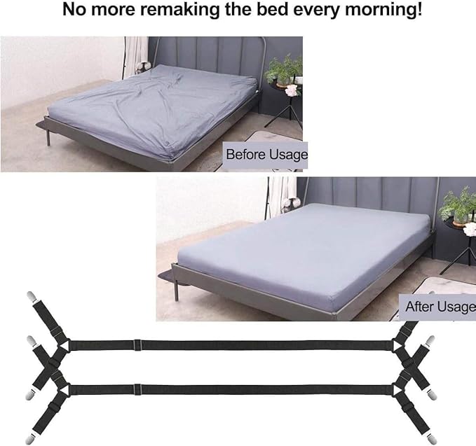 2Pcs Bed Fitted Sheet Straps Clips, Adjustable Crisscross Sheets Clip Holder Fasteners Suspenders for Mattress Cushion Cribs Elastic Sheet Strap Fitted Sheet Corner Holder (Black)