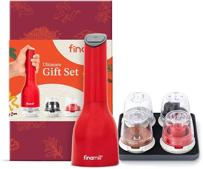 FinaMill Ultimate Gift Set – Battery Operated Spice Mill with 4 Interchangeable Spice Pods & Slate Quartet Stackable Tray, Adjustable Coarseness, Ceramic Grinder, LED Light, Kitchen Gifts for Women
