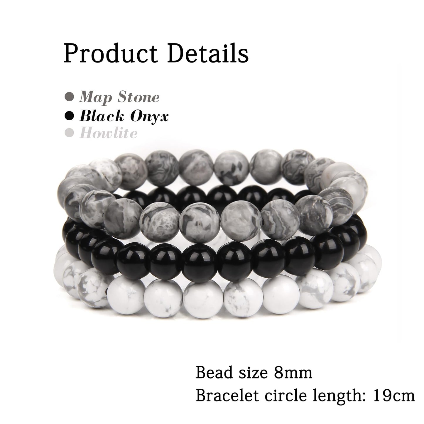 Risyfjew 3 PCS Healing Crystal Bracelet Women 8mm Natural Stone Beaded Stretch Bracelet Map Stone Howlite Jewelry Gifts