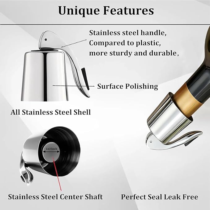 Pafusen Wine Stoppers Set of 2, Stainless Steel Wine Bottle Stopper with Silicone Seal, Reusable Wine Freshness Keep, Wine Saver Wine Bottle Sealer Stopper, Wine Accessories Gift (Polished)