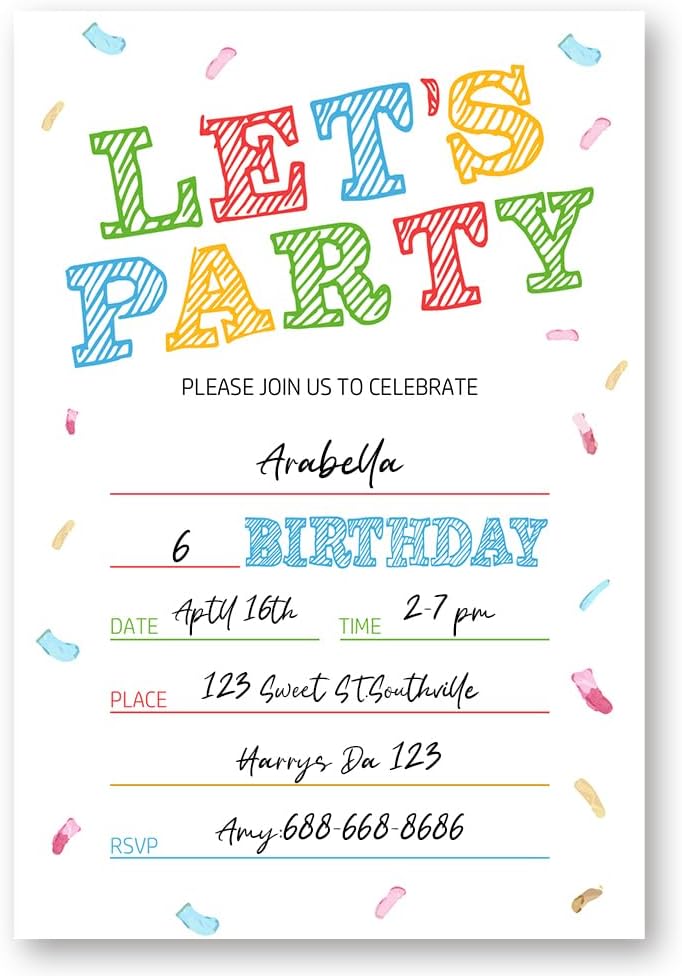Birthday Invitations with Colorful Design, Birthday Invitations for Boys Teens Kids Girls, Birthday Invitations, birthday party invitations. (Let's Party(081))