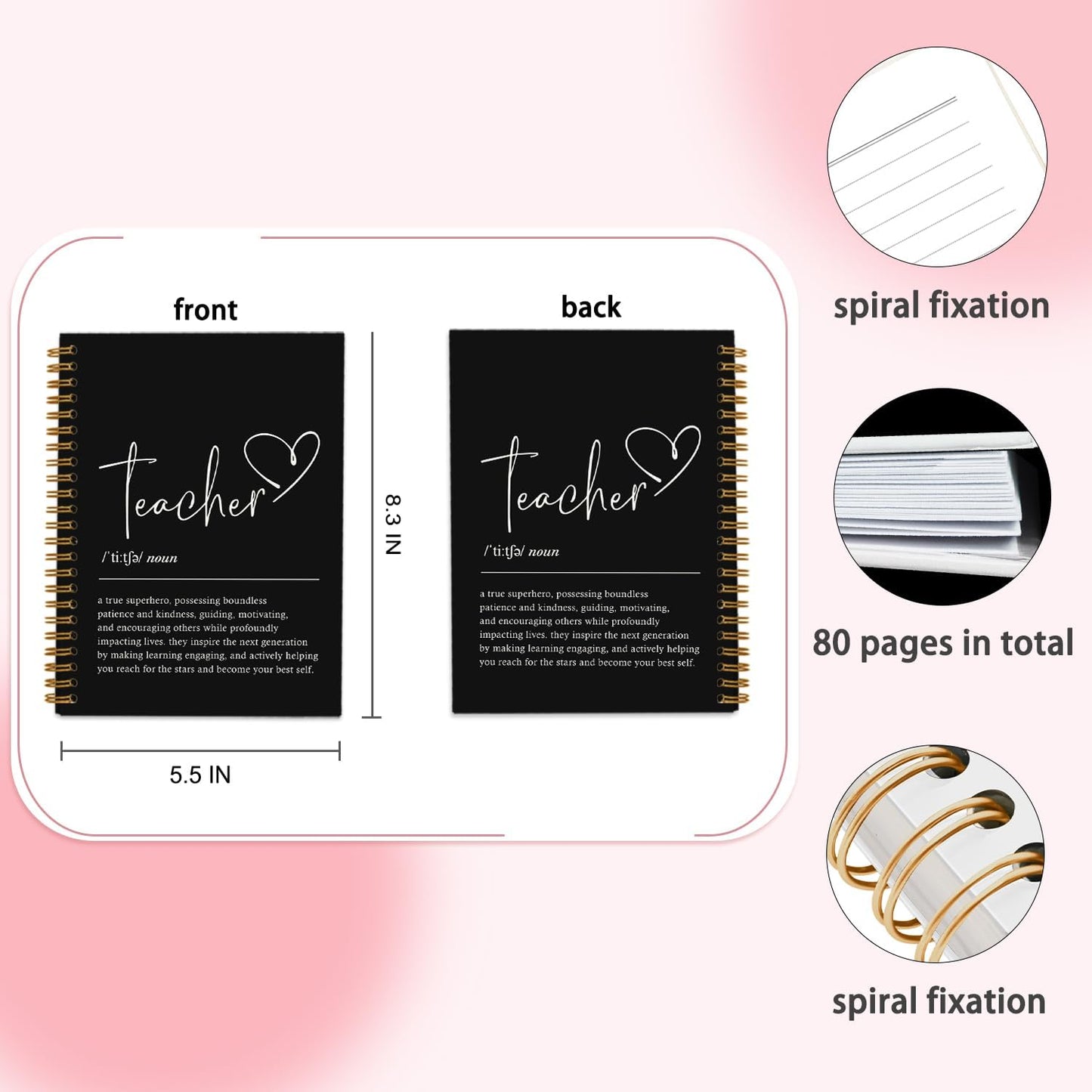 Black Teacher Appreciation Gifts Journal Notebook, Back To School Teacher Gifts for Women, Black Journaling Notebook School Supplies, Hardcover Lined Notebooks Spiral, 5.5x8.3