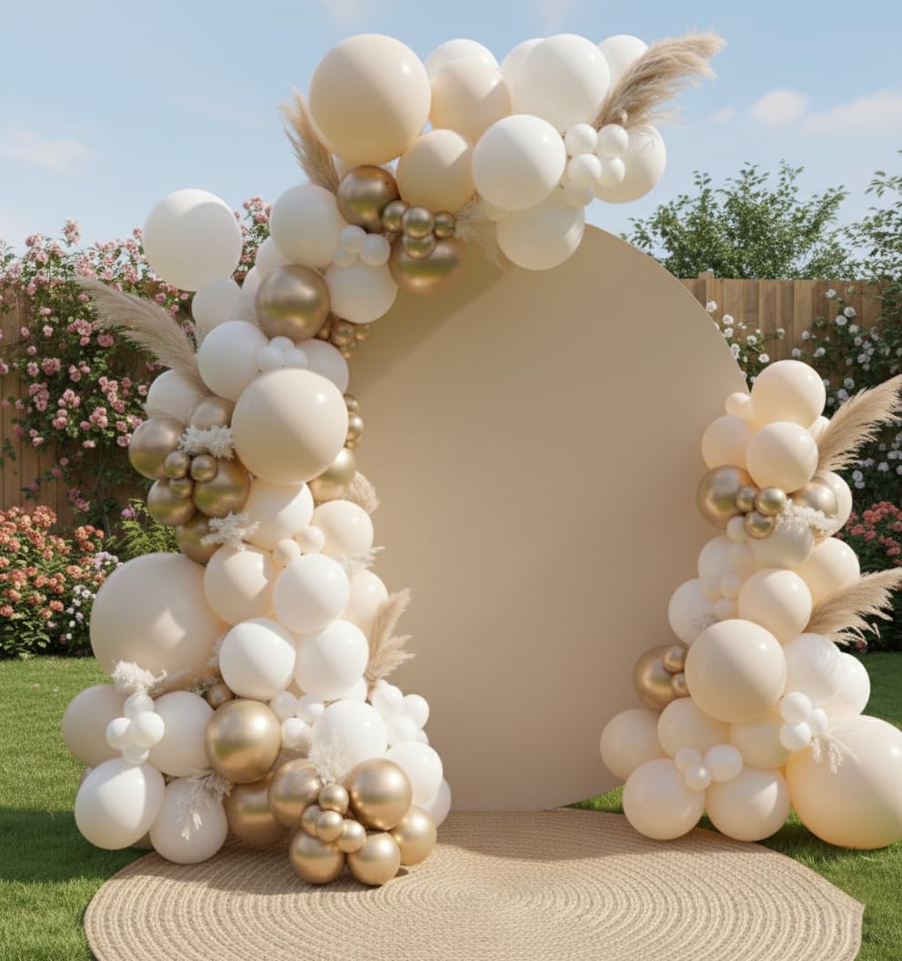 ADOINBY Sand White Gold Balloon Arch Kit, 140Pcs Beige Nude White Balloon with Metallic Gold Balloon Garland Kit for Boho Birthday Wedding Baby Shower Bridal Shower Engagement Prom Party Decorations