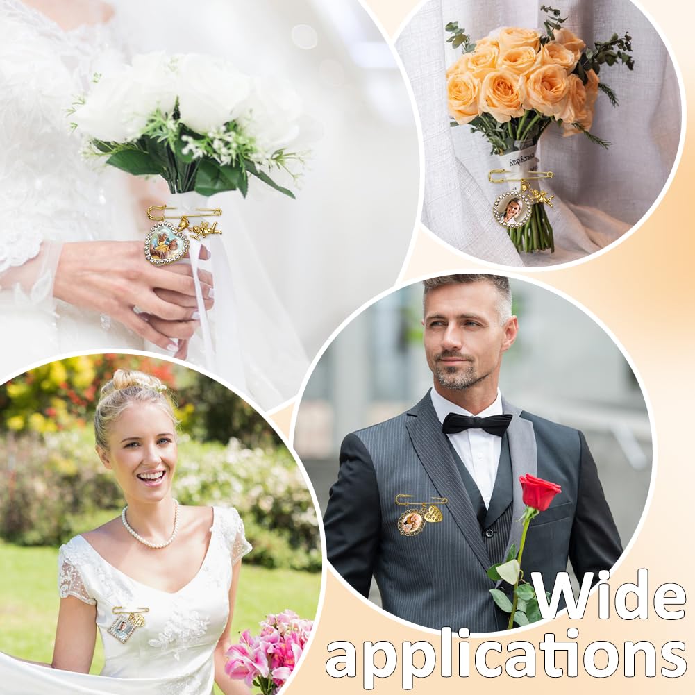 WEBEEDY 94 PCS 16 Sets Wedding Bouquet Photo Charms Gold Rhinestone Pin Brooch Making Kit Heart Oval Round Square Charms with Clear Glass Cabochons You Are Always in My Heart Charm for Wedding Gift