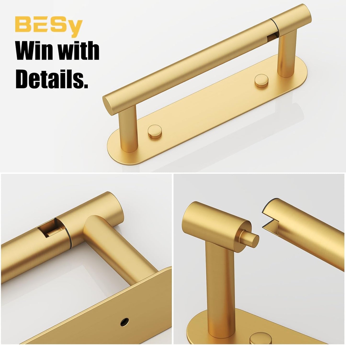 BESy Adhesive or Screw Toilet Paper Holder Wall Mount Rustproof Modern Roll Holder Flexible Pivoting Adjustable Tissue Handle with Self Adhesive or Mounted with Screws Stainless Steel Brushed Gold