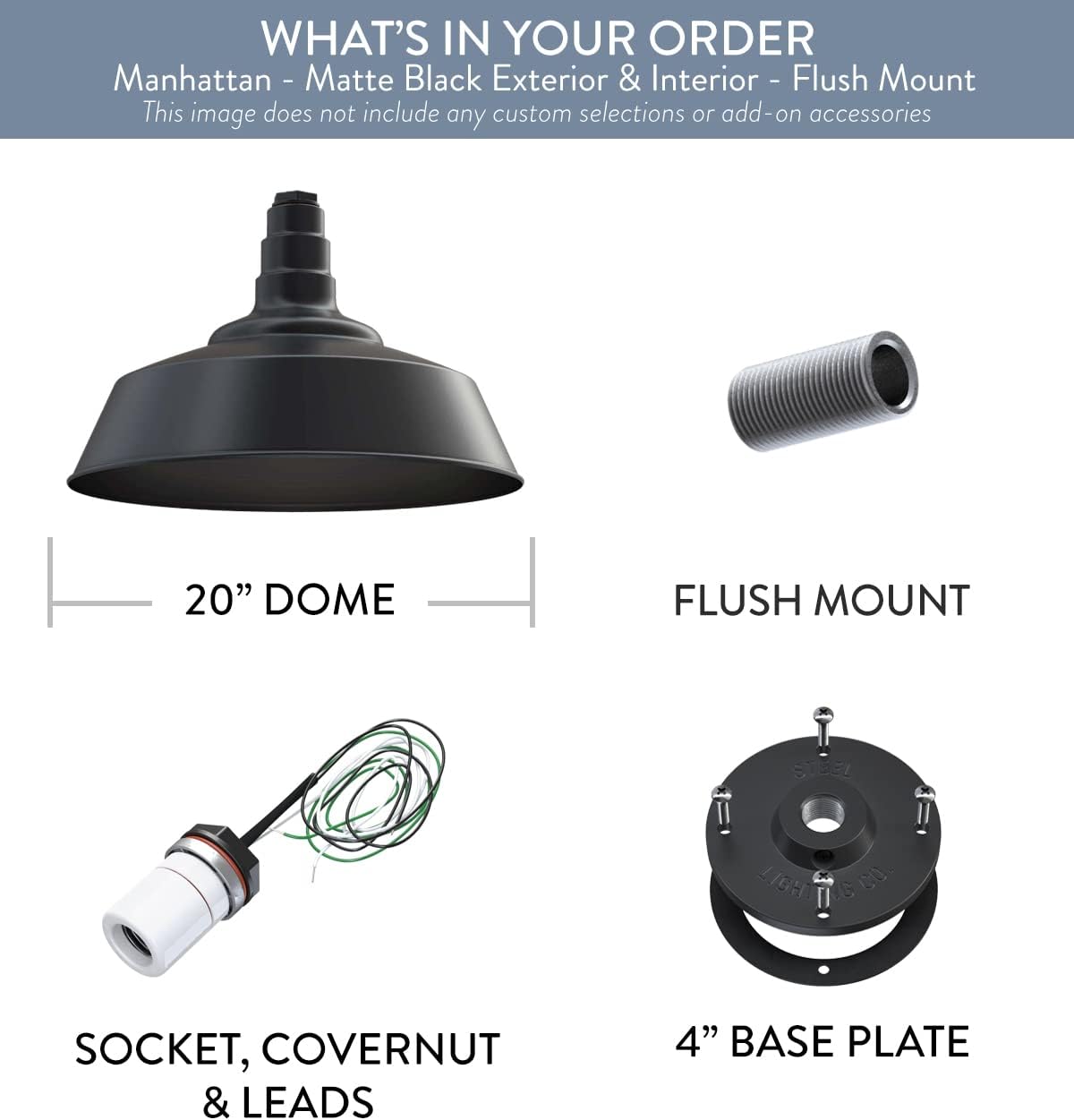 Steel Lighting Co. Manhattan Warehouse Light | Ceiling Mounted Pendant | 20 inch Dome | Flush Mount | Large Steel Barn Light Made in America | Matte Black Exterior/Matte Black Interior