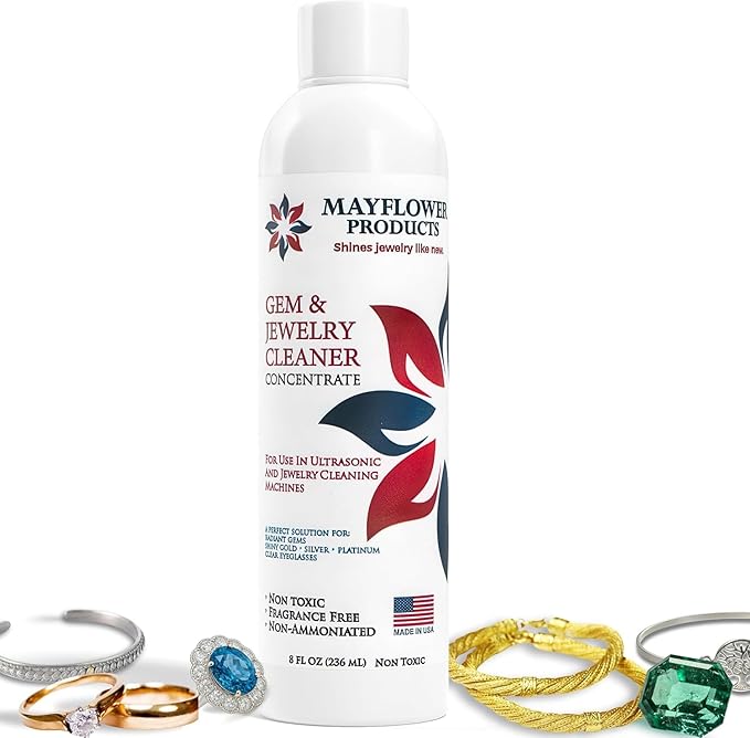 Mayflower Jewelry Cleaner for Ultrasonic Machine Made in USA Non Toxic Tarnish Remover Solution Concentrate for Cleaning Gems Diamond Rings Silver Gold and Platinum. Cleans Eyeglasses (8 oz)