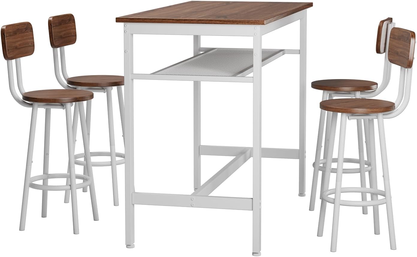 5-Piece Bar Table and Chairs Set, 43.3'' Pub Table Set Modern Small Table and Chairs Set of 4 for Breakfast Nook Living Room Small Space Restaurant, Wooden