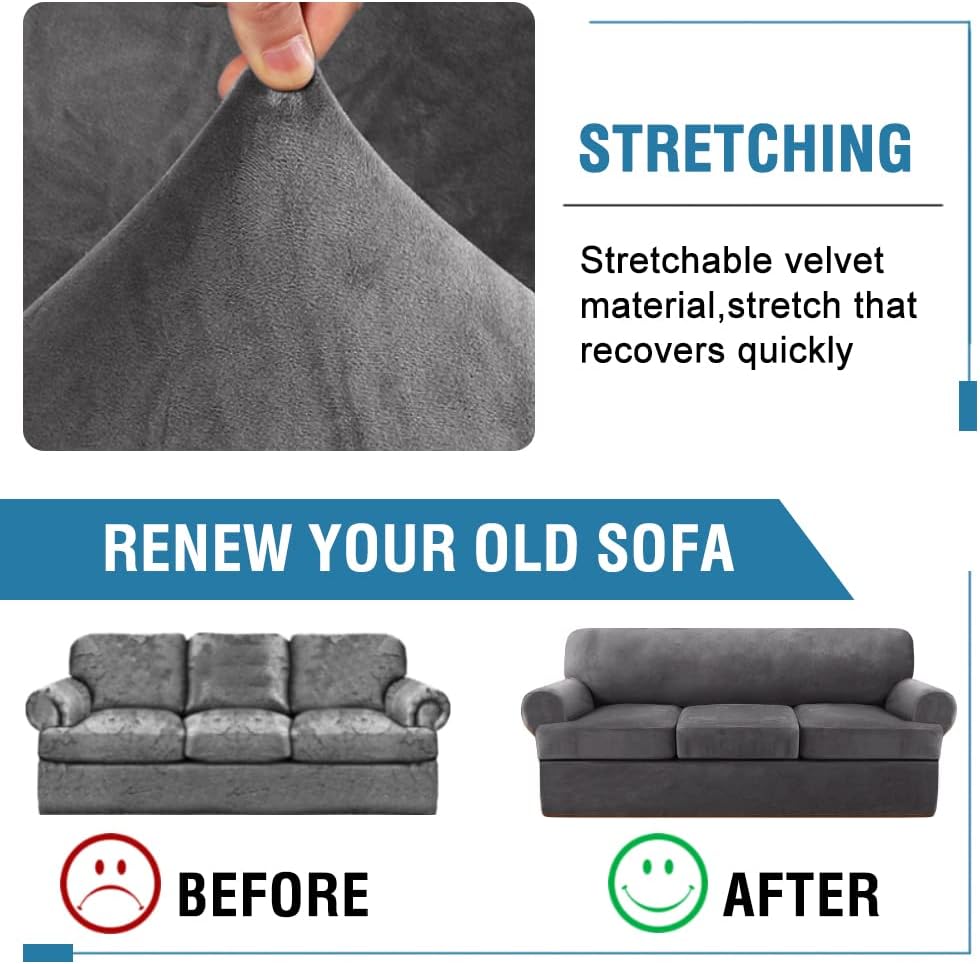 H.VERSAILTEX 4 Piece T Cushion Sofa Slipcovers Thick Velvet Stretch Couch Cover Furniture Protector for 3 Couch Covers with 3 Individual T Cushion Covers Washable, Grey