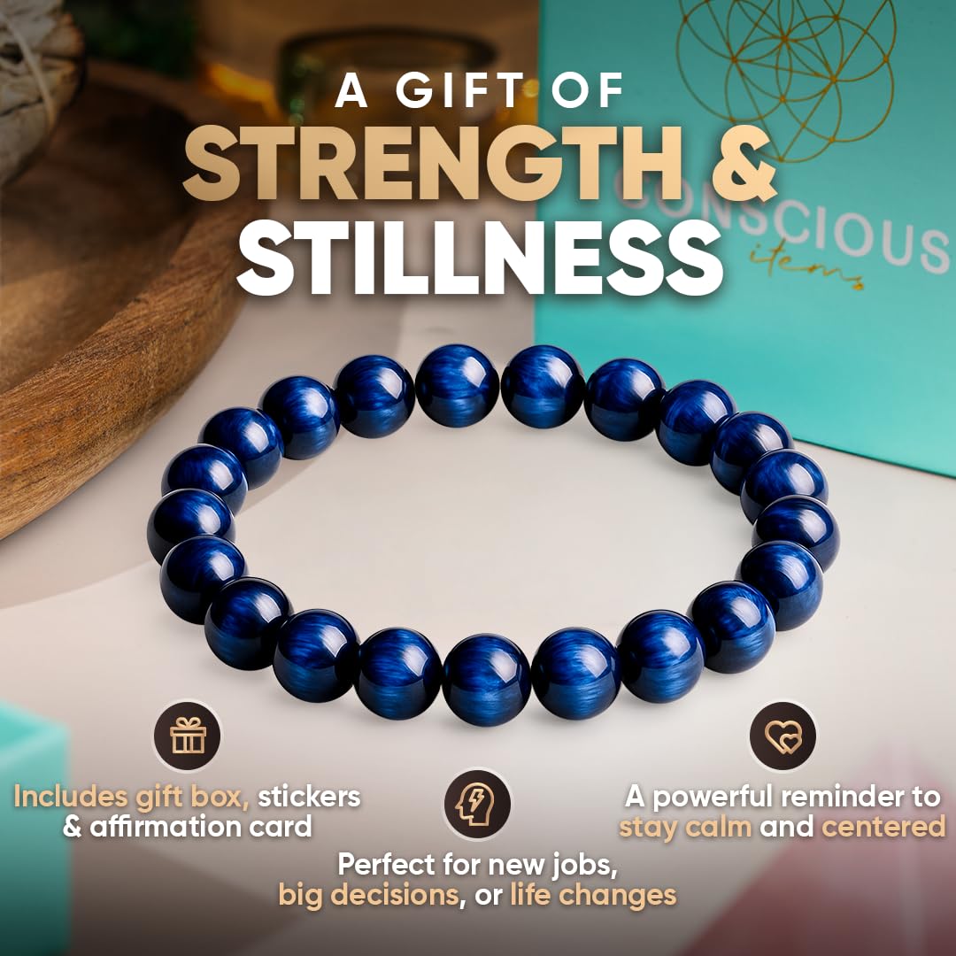 Conscious Items Blue Tigers Eye Bracelet, Natural Gemstone Beads for Focus, Motivation, Mental Clarity, & Energy Protection, Tigers Eye Beads for Confidence, Blue Bracelet for Men & Women