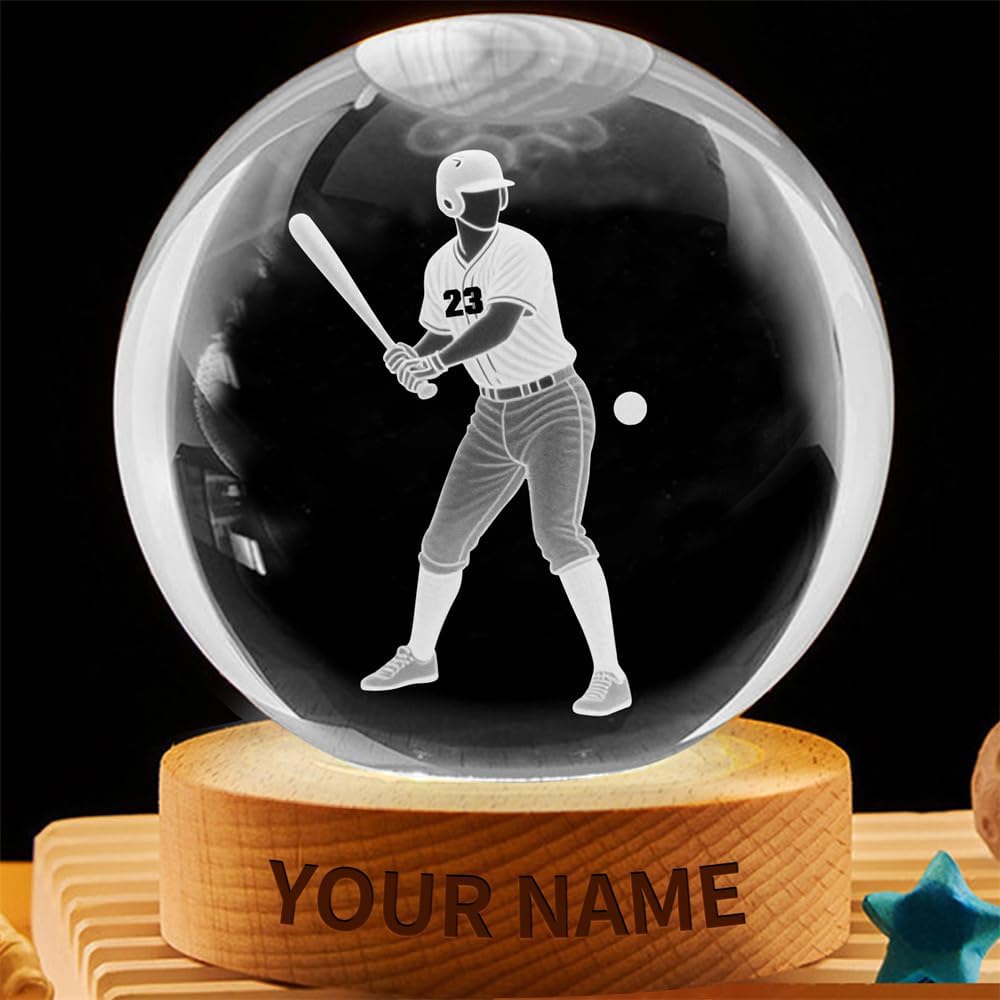 Personalized Baseball Crystal Night Light Gift for Men Women, Custom Name/Number Baseball Player 3D Crystal Ball Night Light Lamp for Bedroom Room Sports Decor Party Bar Christmas Birthday Gift