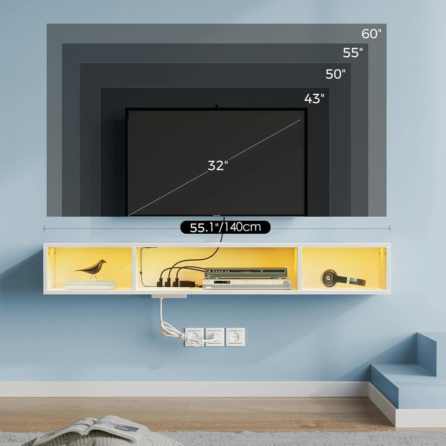 Rolanstar TV Stand with Power Outlet, Floating TV Stand with RGB Lights, 55.1" Wall Mounted TV Shelf, White Media Console with Storage Shelf, Entertainment Under TV for Living Room, Bedroom