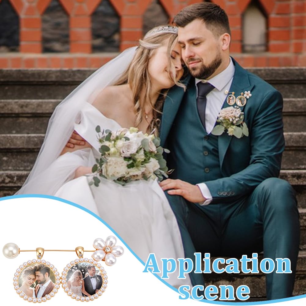 UNICRAFTALE 2 Sets Wedding Bouquet Photo Brooch Charms Rhinestone Bride Pin with Round Glass Cabochons Light Gold Memorial Crystal Bride Gift Pearl Floral Bouquet Charms for Friend Bridal Shower Gift