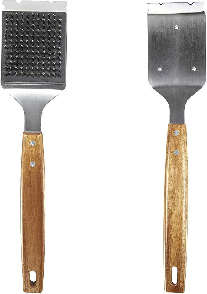Leebein Brush and Scraper for Barbecue – Grill Brush for Outdoor Grill with Extended, Large Wooden Handle and Replaceable Stainless Steel Bristles Head