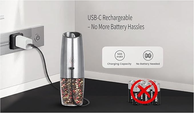 Electric Salt & Pepper Grinder,Spice Grinde USB-Rechargeable with Gravity-Activated LED Light, 150ml Silver Model for Kitchen Cooking, Travel, and Gatherings