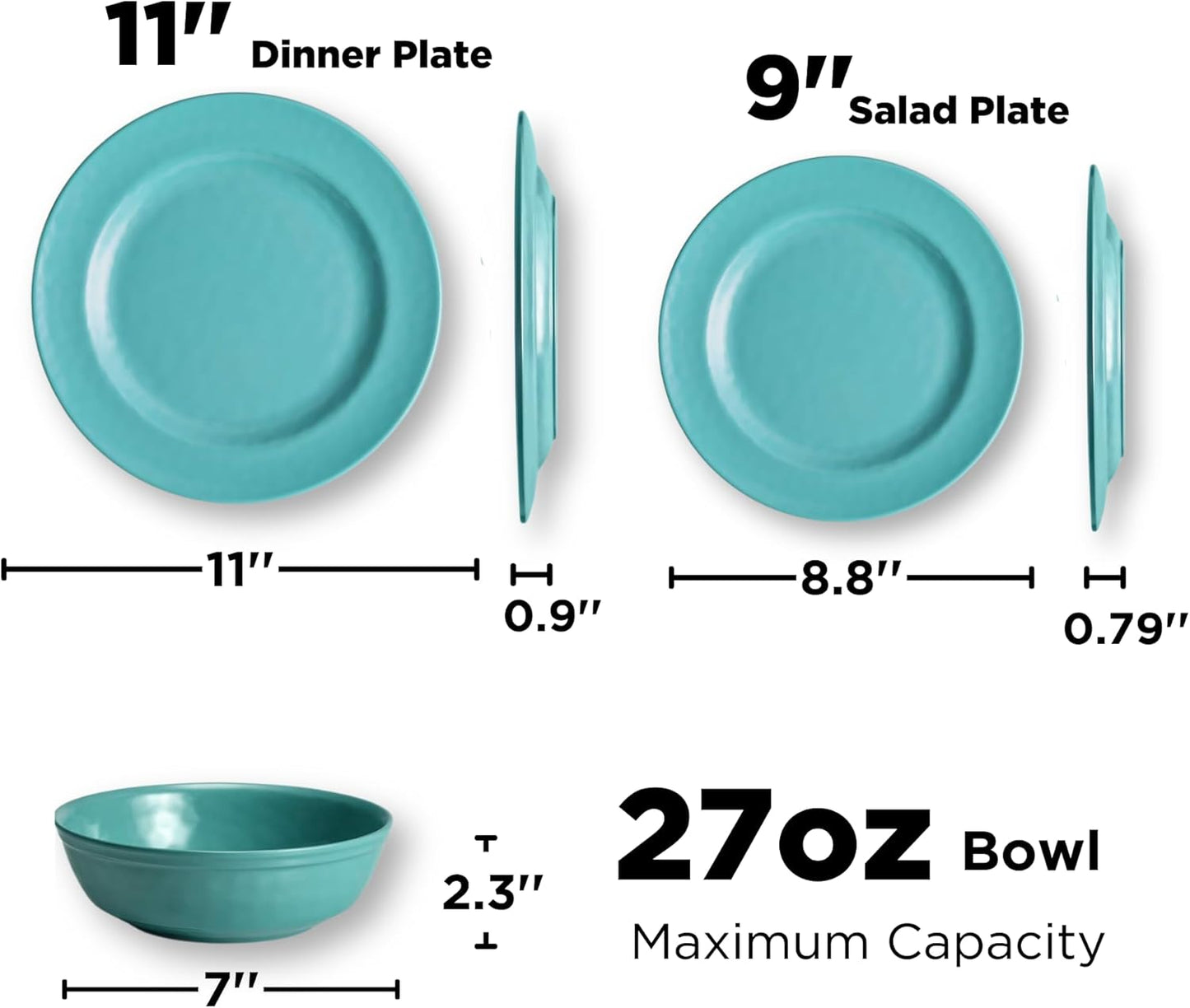TP 12-Piece Dinnerware Set, Melamine Dishes Set with Bowls and Plates, Non-breakable and Lightweight Dinner Service for 4, Teal