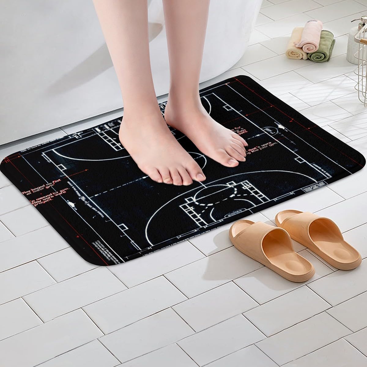 Feelyou Basketball Soft Fleece Door Carpet Ball Sport Game Polyester Bath Rug for Kids Boys Girls Sport Theme Non Slip Bath Mat Basketball Court Plan Bathroom Floor Indoor Doormat,16x24 Inch