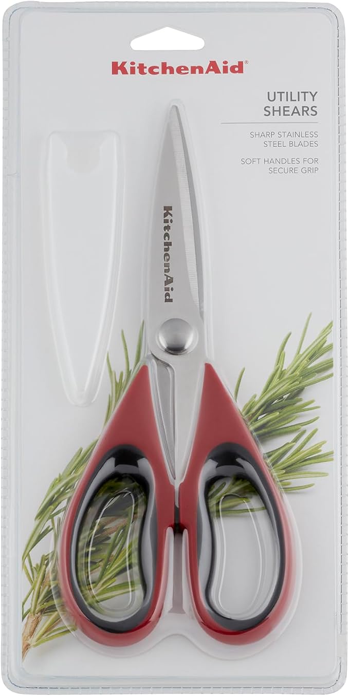 KitchenAid All Purpose Kitchen Shears with Protective Sheath Durable Stainless Steel Scissors, Dishwasher Safe, Soft Grip Comfort Handle, 8.72 Inch, Red